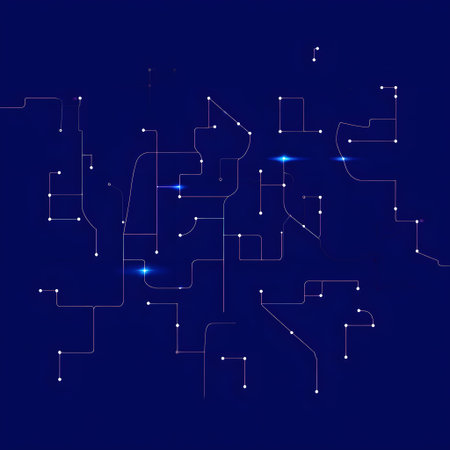 Abstract network of thin lines and white dots with subtle blue light pulses. Clear details and vi...