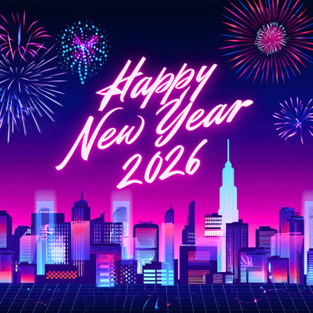A vibrant cityscape with fireworks and neon lights celebrating Happy New Year 2026.