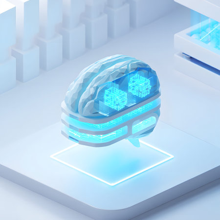 A geometric brain with digital cubes and blue light is displayed on a white platform.