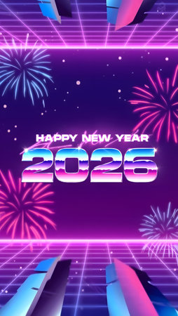 Neon grid and fireworks celebrate the year 2026 in a retro futuristic style. Clear details and vi...
