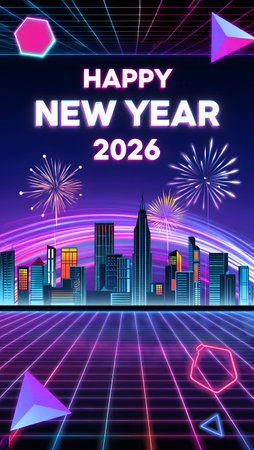 Retro futuristic cityscape with neon grid, fireworks, and geometric shapes for New Year 2026.