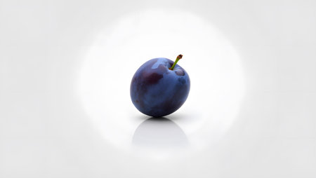 Background showing single purple plum with stem on white background. High resolution image...の写真素材