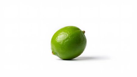 A single, vibrant green lime rests on a clean white background with a soft shadow. Clear details ...の写真素材