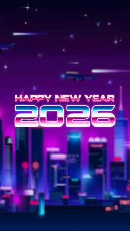A retro futuristic cityscape with neon lights celebrates Happy New Year 2026 under a starry sky.