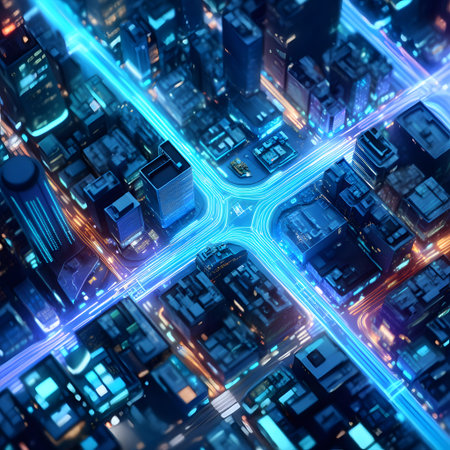 Neon blue light trails illuminate a futuristic cityscape with glowing buildings and roads at night.