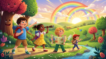 Diverse children on a colorful nature hike with a rainbow, sun, and friendly trees.の写真素材