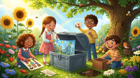 Diverse children plant a future city in a treasure chest surrounded by nature. Clear details and ...の写真素材