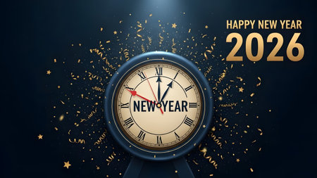 A dark blue background with a blue-framed clock showing midnight and confetti falling.