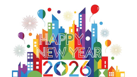 Colorful abstract cityscape with Happy New Year 2026 text and balloons Clear details and vibrant ...の写真素材