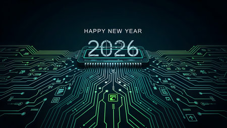 A circuit board with glowing lines displays the year 2026 and Happy New Year. Clear details and v...の写真素材
