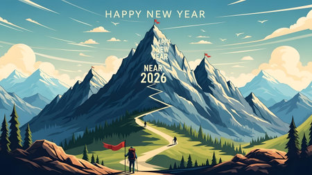 Mountain showing happy new year mountain peak achievement illustration. High resolution...の写真素材