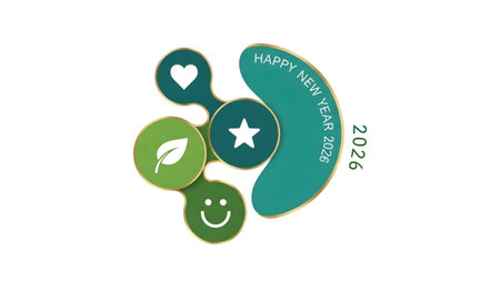 Holiday showing happy new year 2026 with icons of heart star leaf and smile keywords: 2026,...