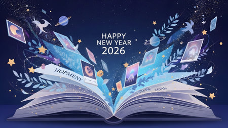 Open book with glowing pages, stars, planets, and mythical creatures in space. Clear details and ...