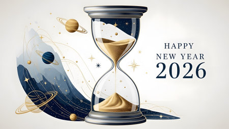 Hourglass with golden sand and abstract space elements against a light background with text.