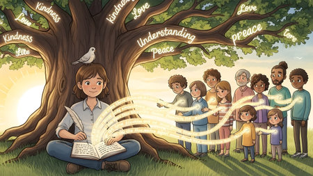 A person writes words of kindness under a tree as people receive glowing energy. Clear details an...