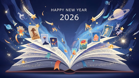 Open book with glowing pages, stars, planets, and fantastical elements in space. Clear details an...