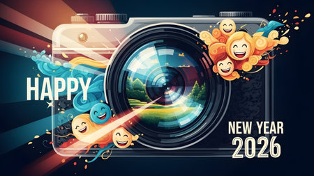A camera lens displays Happy New Year 2026 with smiling faces and abstract light rays.の写真素材