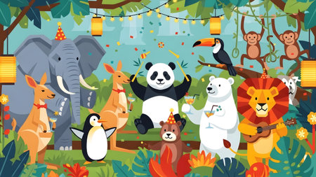 Animals in a jungle setting are having a festive party with drinks and decorations.の写真素材