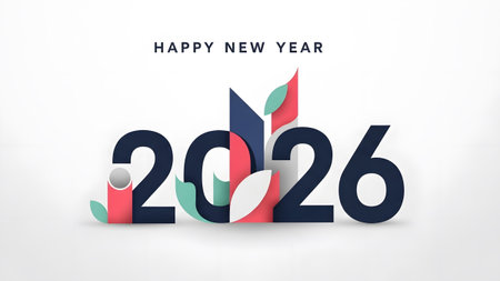 Happy New Year 2026 text with a modern geometric abstract design on a white background.の写真素材
