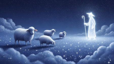 A glowing shepherd with a staff watches over sheep on a field of clouds and stars. Clear details ...の写真素材