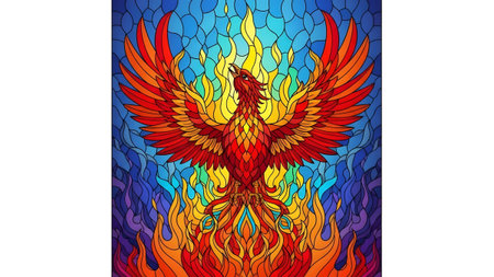 A vibrant stained glass phoenix bird with outstretched wings rises from colorful flames against...の写真素材