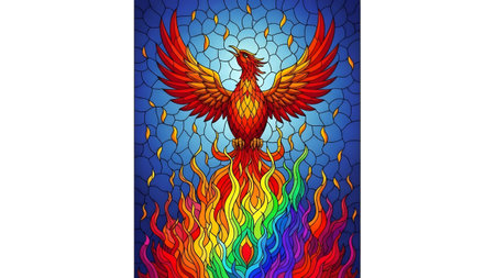 A stained glass phoenix bird with outstretched wings emerges from rainbow flames against a blue...の写真素材