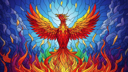 A stained glass phoenix bird with outstretched wings ascends from rainbow flames against a smoky...の写真素材