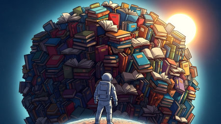 A solitary astronaut stands on a small planet looking up at a giant book planet. Clear details an...の写真素材