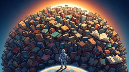 An astronaut gazes at a globe-shaped planet entirely composed of books. Clear details and vibrant...の写真素材