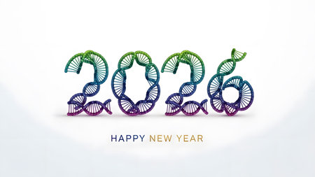 The year 2026 is creatively formed by colorful DNA double helix strands with a gradient.