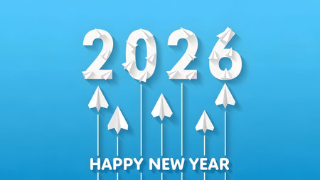 White paper airplanes ascend to form the numbers 2026 on a vibrant blue background.