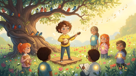 A boy plays ukulele for an audience of children and birds in a bright, flower-filled meadow.の写真素材