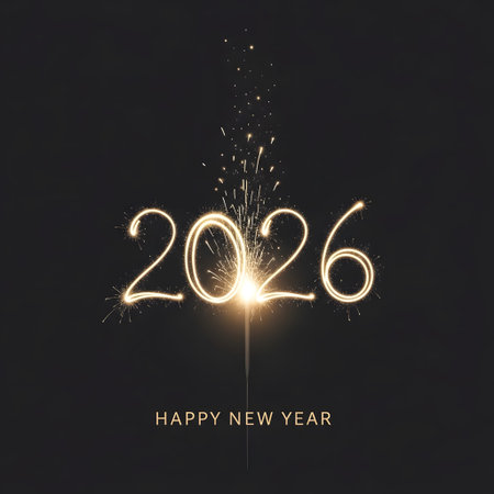 The number 2026 written in glowing light from a sparkler on a dark background. Clear details and ...