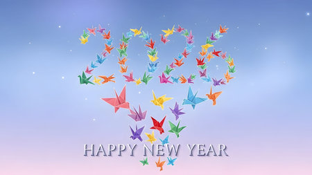 Colorful origami cranes form the year and a heart shape against a starry sky Clear details a...