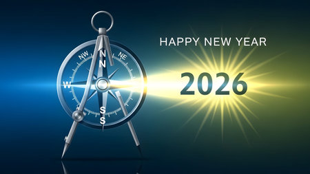 A compass pointing towards 2026 with bright light and Happy New Year text Clear details and vibra...