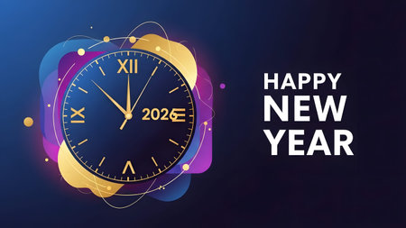 A dark clock face showing 2026 with abstract colorful shapes and text Happy New Year