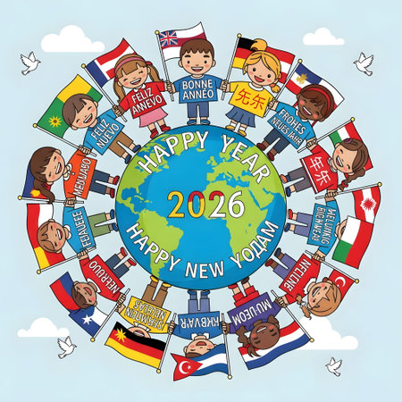 Diverse children hold flags from around the world wishing Happy New Year 2026. Clear details and ...