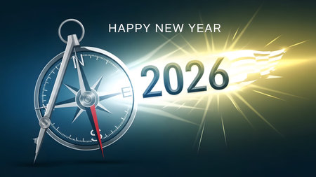 A compass with a red needle points to 2026 and happy new year with a bright light burst.