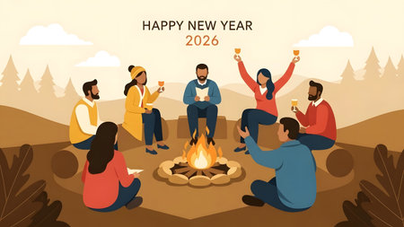 2026 showing diverse group celebrates new year 2026 around a campfire