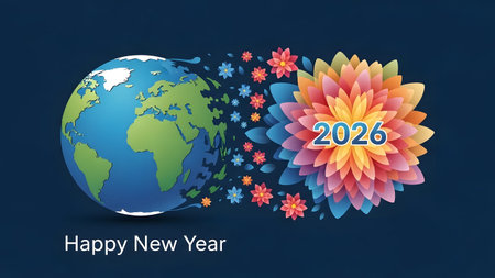 Earth transforming into a colorful flower with 2026 text on a dark blue background Clear details ...