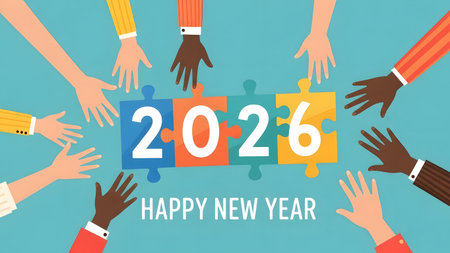 Diverse hands connect puzzle pieces forming 2026 and Happy New Year. Clear details and vibrant co...