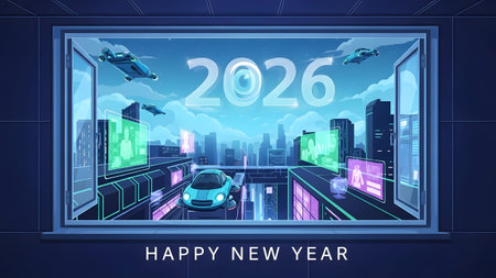 A futuristic cityscape with flying cars and digital screens is viewed through a window.