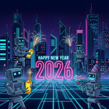 Robots celebrating New Year 2026 with champagne and fireworks in a futuristic city Clear details ...