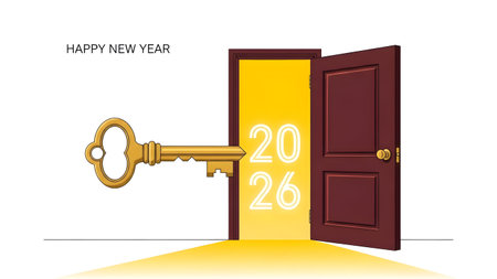 Golden key unlocking a door revealing the year 2026 with bright light on white background