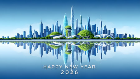 2026 showing futuristic city skyline reflected in water with happy new year 2026 text keywords:...