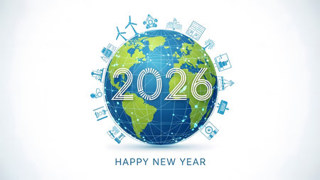 A stylized globe shows the year 2026 surrounded by icons of global industries. Clear details and ...