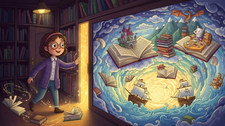 Open showing girl opens door to a dreamlike world of books and ships keywords: imagination,...の写真素材