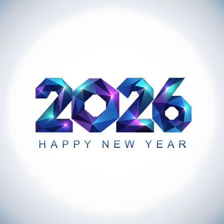 The year 2026 is depicted with geometric facets and the text Happy New Year. Clear details and vi...