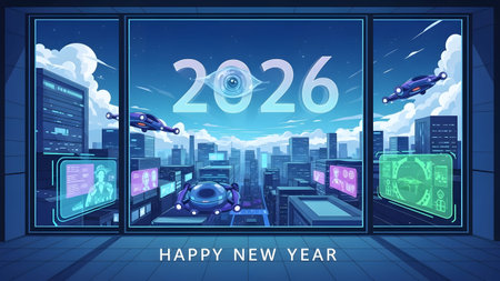 A futuristic city with flying vehicles and digital displays is seen through a window.