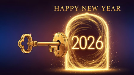 A golden key unlocks a glowing archway with the year 2026 displayed. Clear details and vibrant co...